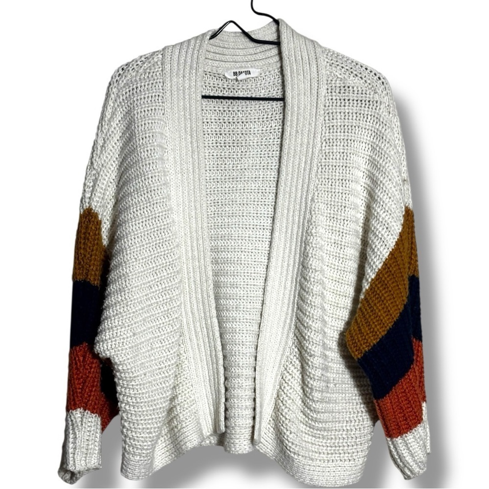 BB Dakota Cream/Navy/Orange Dolman Sleeve Open Front Women's Relaxed Cardigan - Picture 16 of 16